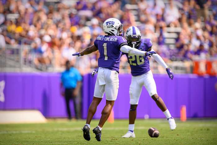 Sep 11, 2021; Fort Worth, Texas, USA; TCU Horned Frogs cornerback Tre'Vius Hodges-Tomlinson (1) and safety Bud Clark (26) in action during the game between the TCU Horned Frogs and the California Golden Bears at Amon G. Carter Stadium.